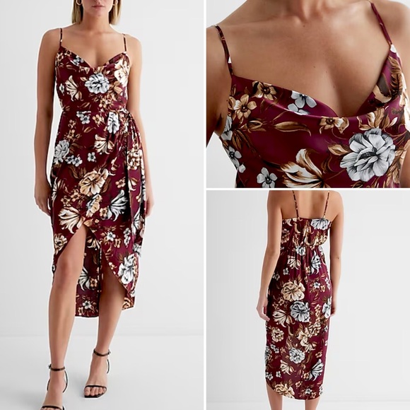 Satin Burgundy Floral CowlNeck Tie Waist Hi-lo Midi Dress Express - Picture 1 of 5